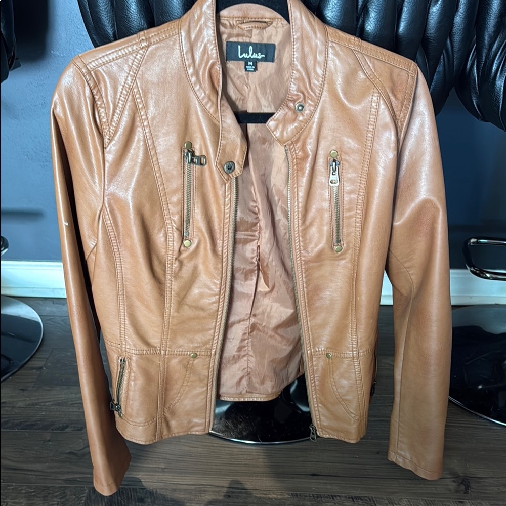 Lulu's Tan Leather Moto Jacket Sleek Fitted Design